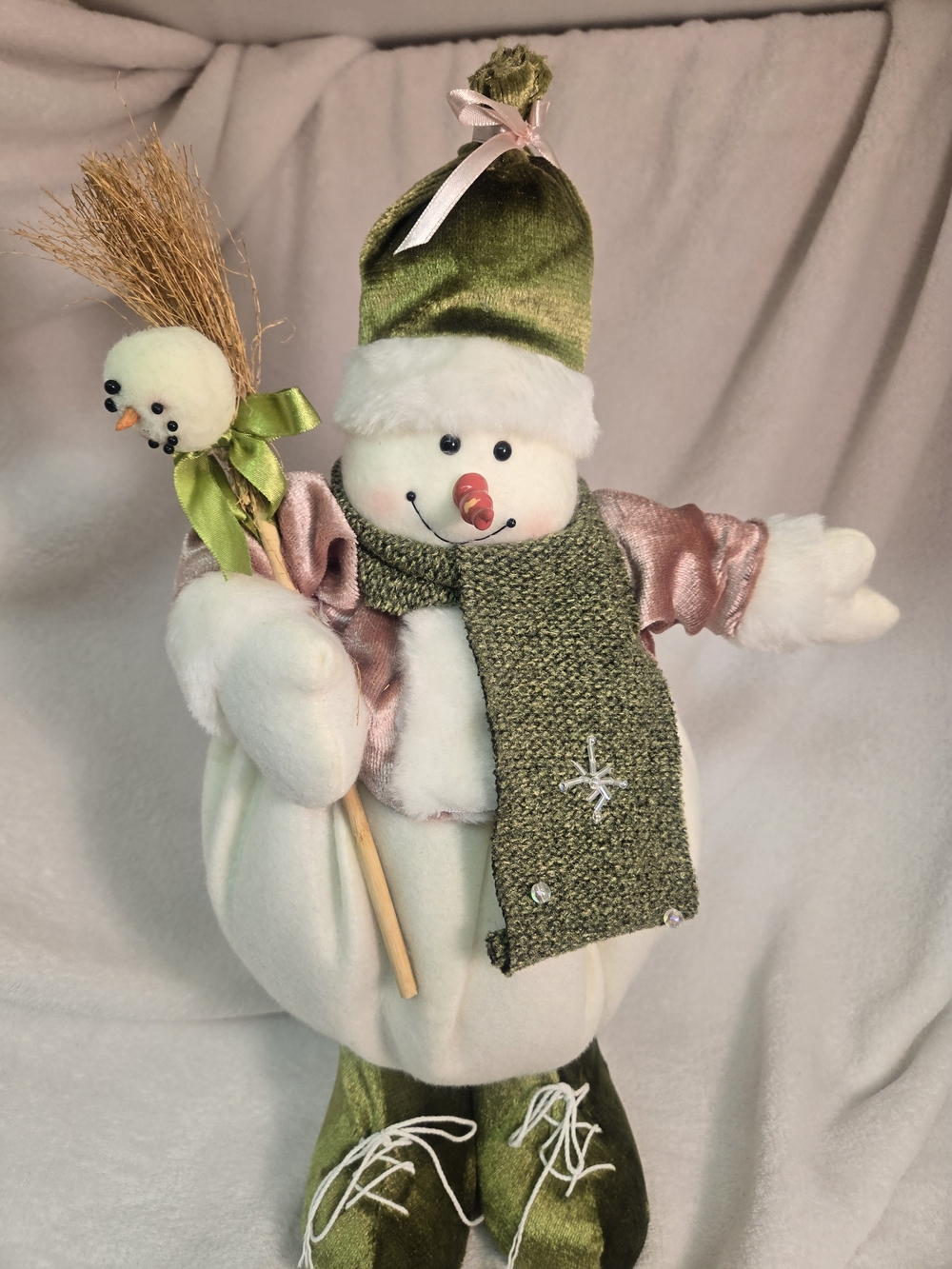 Plush Snowman Holiday Figure with Olive Green Hat & Scarf